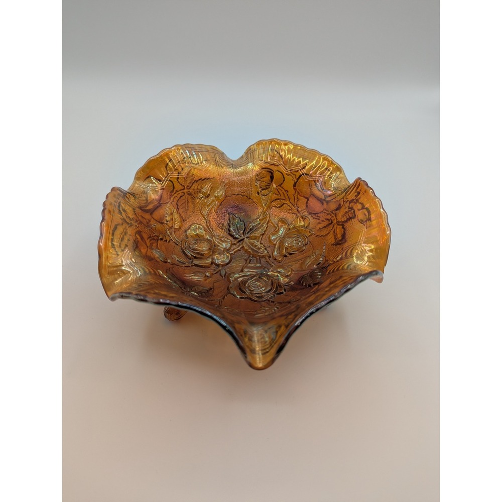 Vintage Amber Iridescent Rose Carnival Glass Footed Bowl Stunning Ruffled Edge